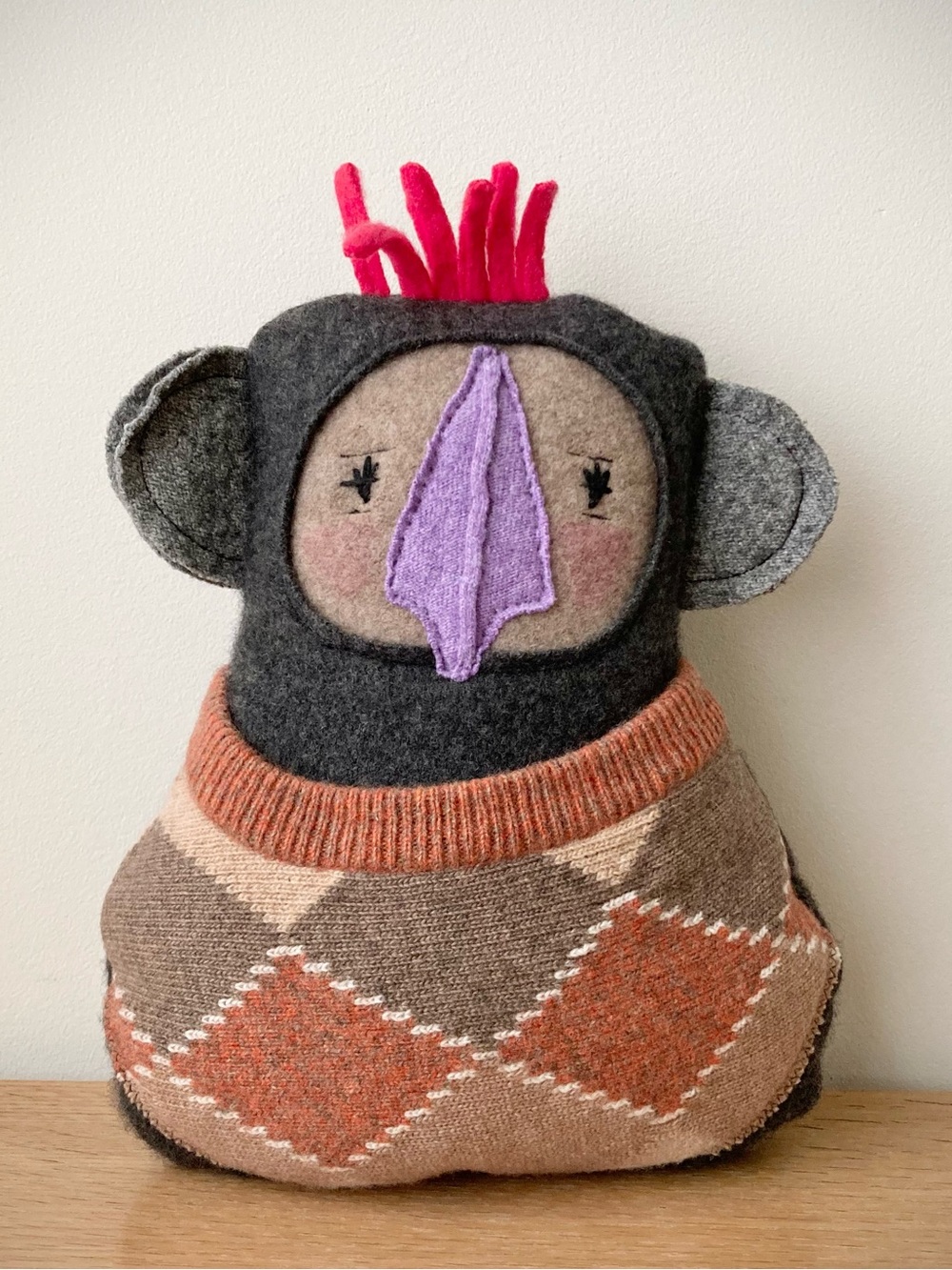 joodito bear reclaimed cashmere wool sweater pillow folk art doll gray argyle